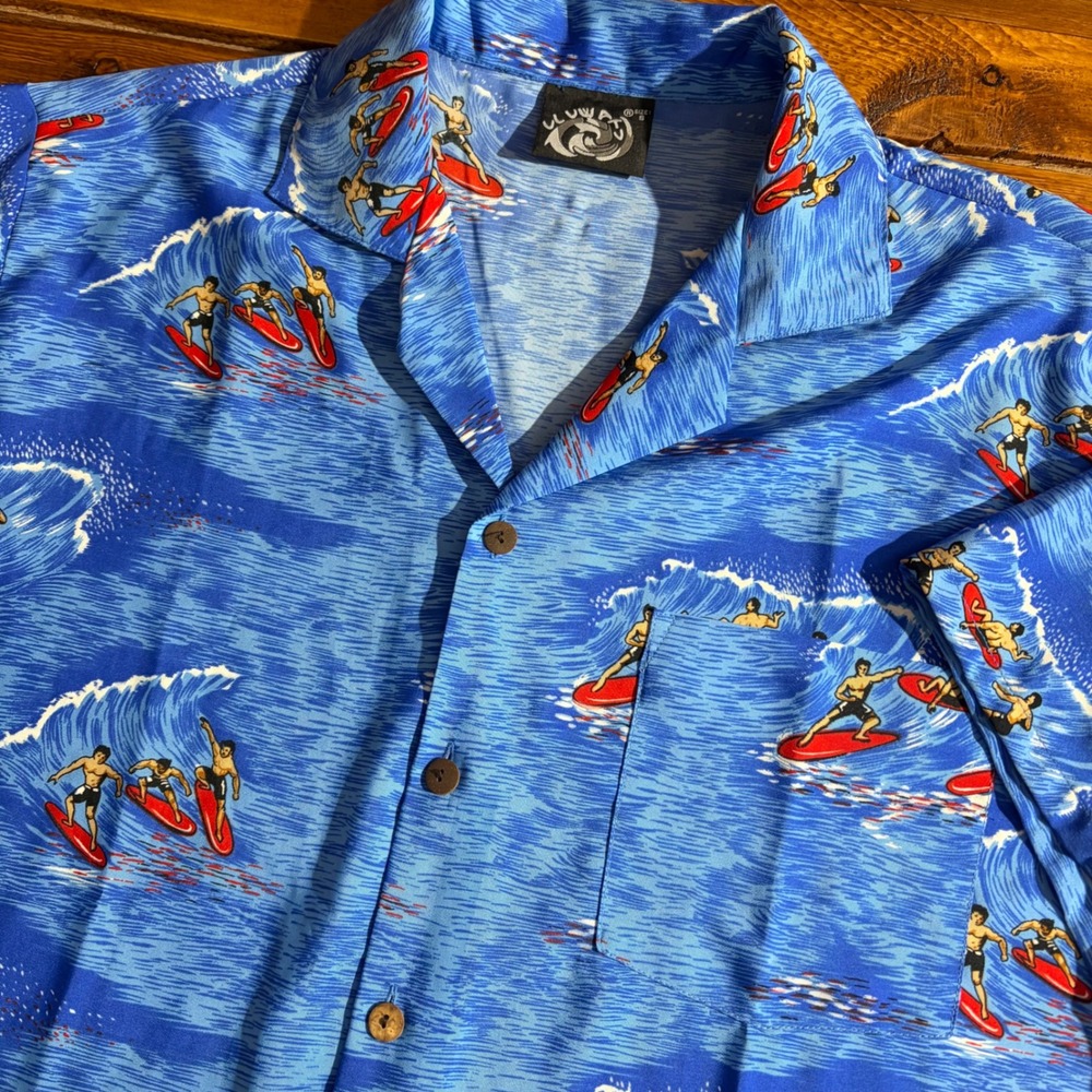 Uluwatu‎ Button Up Shirt Men's Small Blue Surfer Wave Tropical Microfiber Bali